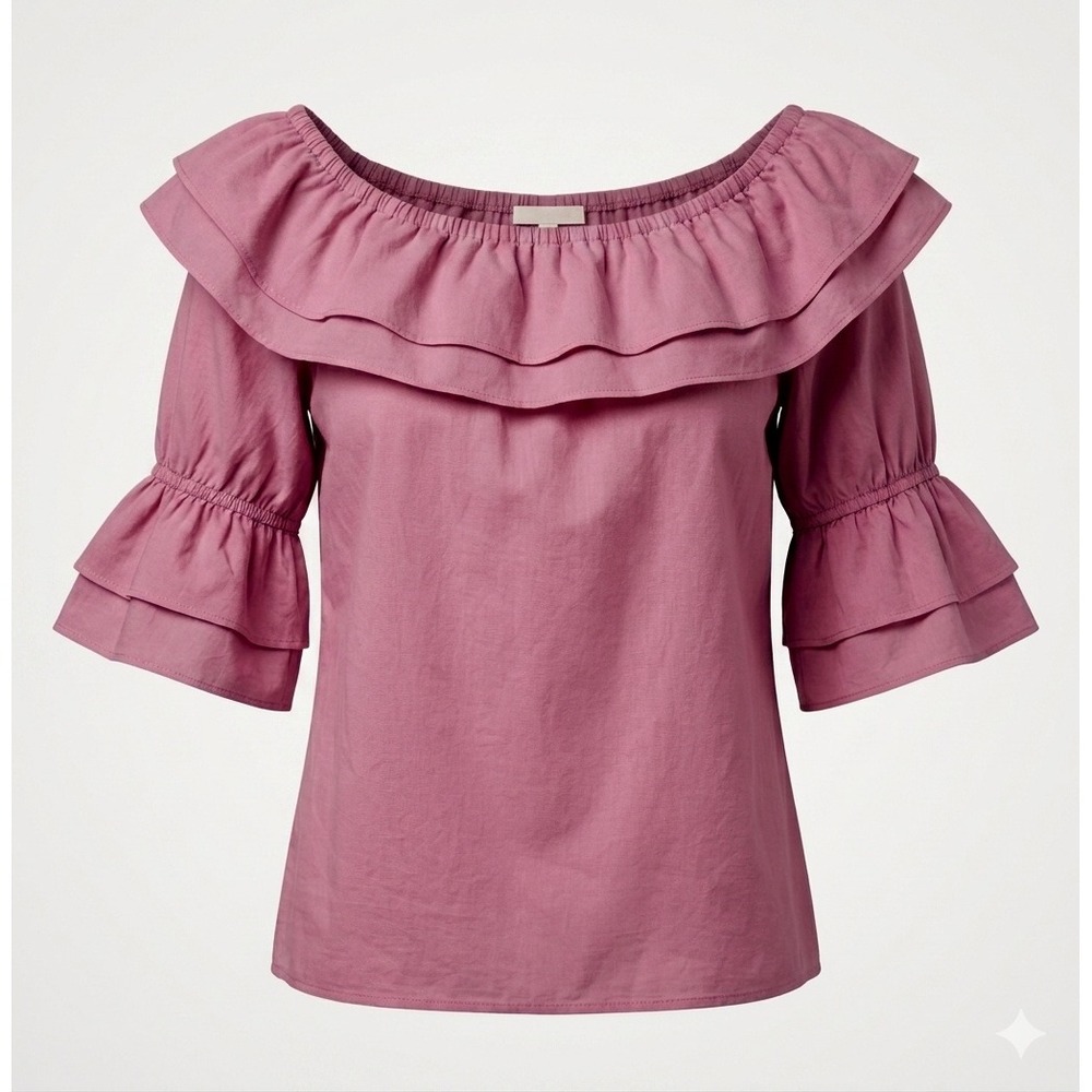 Malco Modes Mauve Pink Off Shoulder Ruffle Blouse Vintage 80s M Ren Fair Cottage
